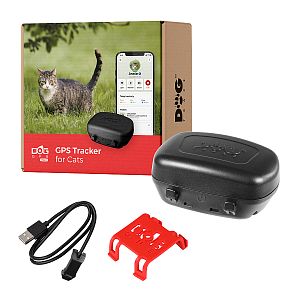 Package of the DOG GPS mini tracker for cats – charging clip and securing clips